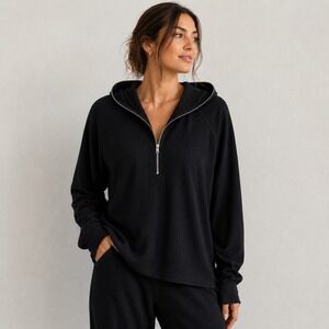 Hello Nite Ribbed Quarter Zip Hoodie Womens S Black Minimalist Raglan H4D-09V61